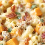 Cheesy Sausage Bacon And Sweet Potato Pasta Bake