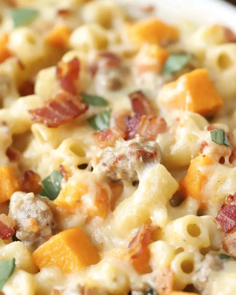 Cheesy Sausage Bacon And Sweet Potato Pasta Bake
