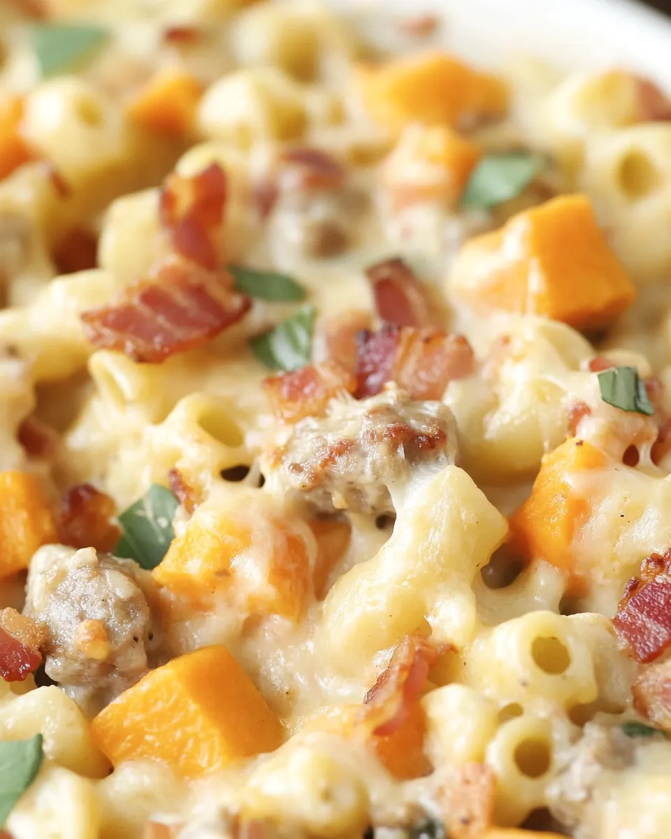 Cheesy Sausage Bacon And Sweet Potato Pasta Bake